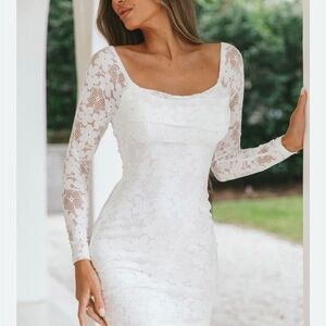 Selfie Leslie Freja Long Sleeve Cowl Neck Lace Mini Dress White